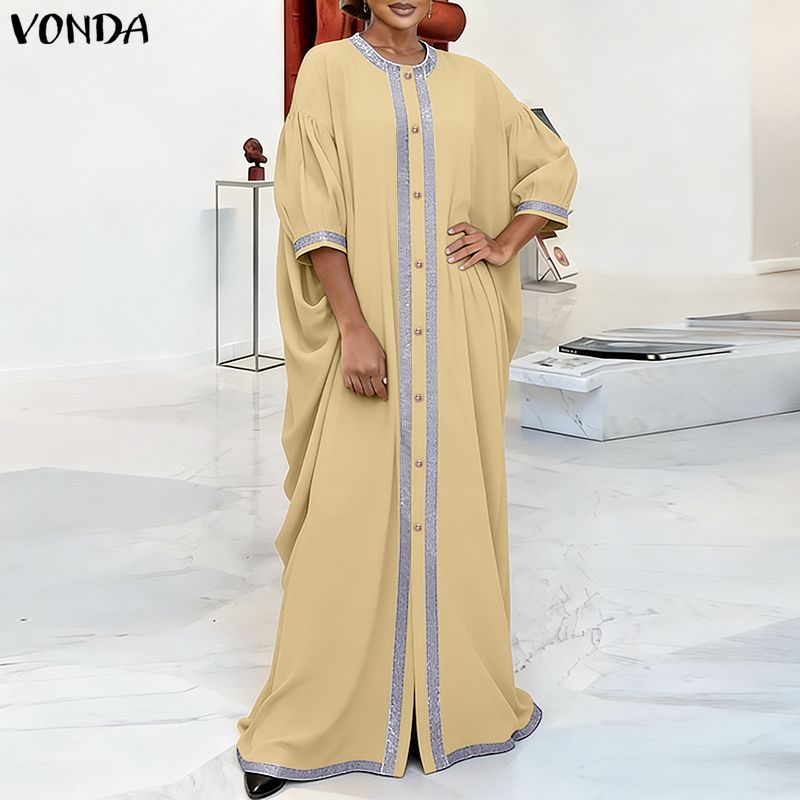 VONDA Summer Women Half Batwing Sleeve Patchwork Hem Casual Loose Long Robe Dress