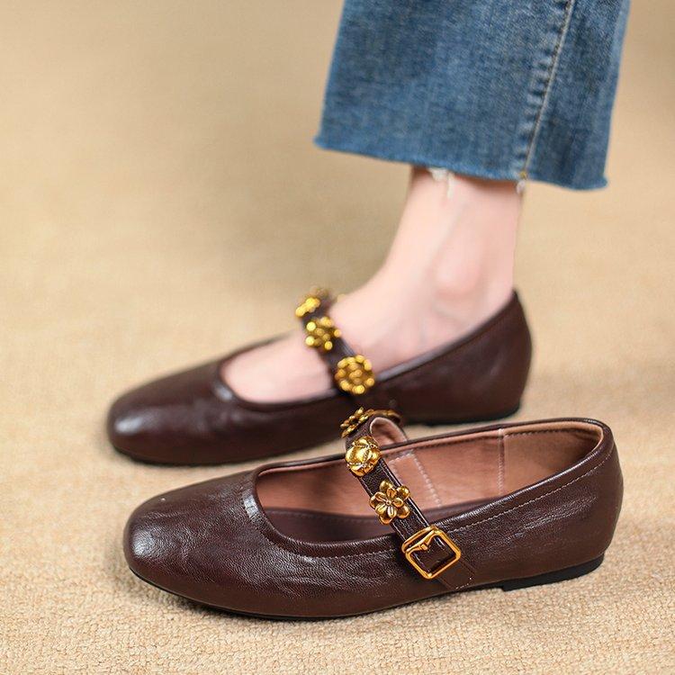 

Сяосянфэн ретро туфли на плоской подошве с Мэри Джейн женские туфли с круглым носком и мелким вырезом одинарные туфли маленькие кожаные туфли 40