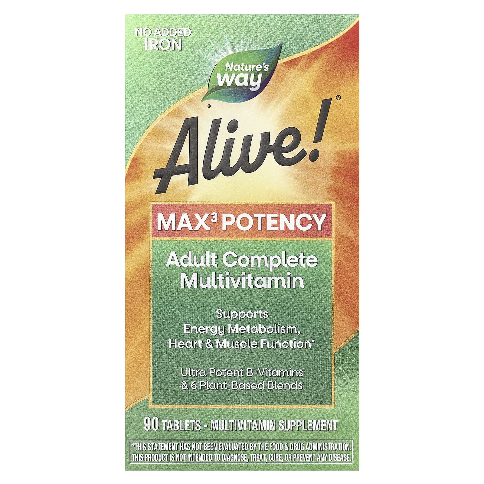 

Nature s Way, Alive! Max3 high-potency multivitamin, iron-free, 90 tablets