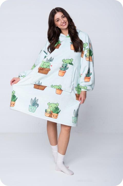 KOC BLUZA Oversize Ciepła Gruba KOCOBLUZA 2w1 XXL ROŚLINY Futrzak [KB-W24]