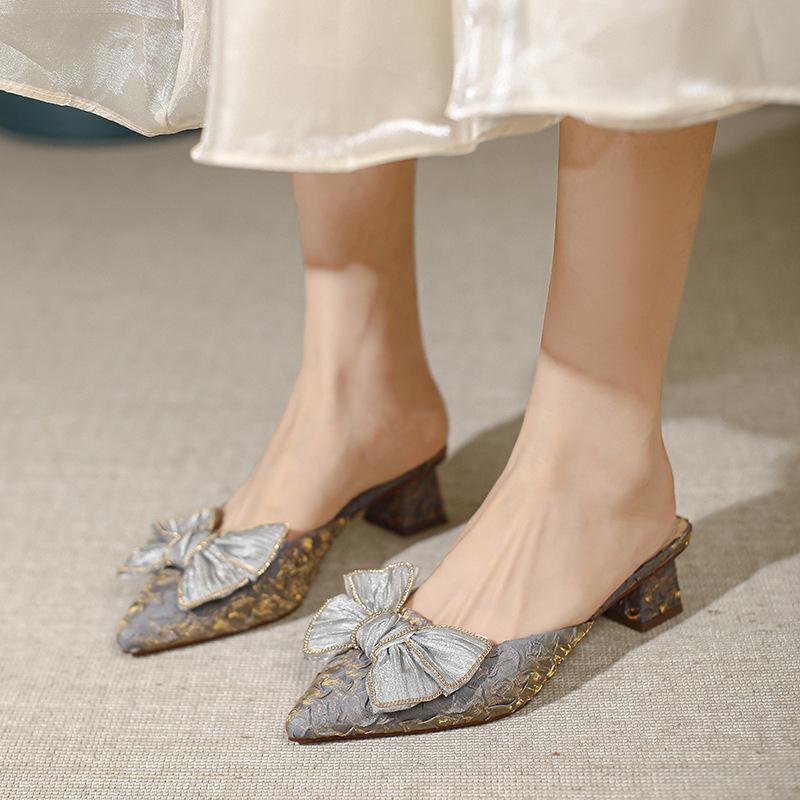 Baotou half slippers women's outer wear women's shoes new middle heel pointed fairy shoes lazy shoes women's one foot pedal