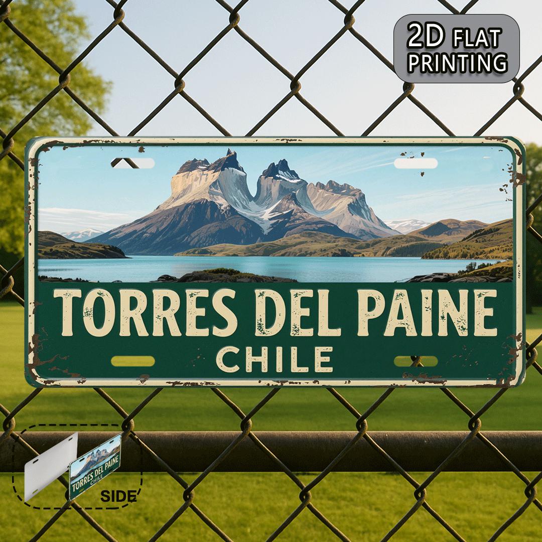 D Flat Torres Del Paine Vintage Metal Plate Chilean Patagonia Scenic Wall Decor with Torres Del Paine National Park Design 15x30cm(5.9x7.8inch)