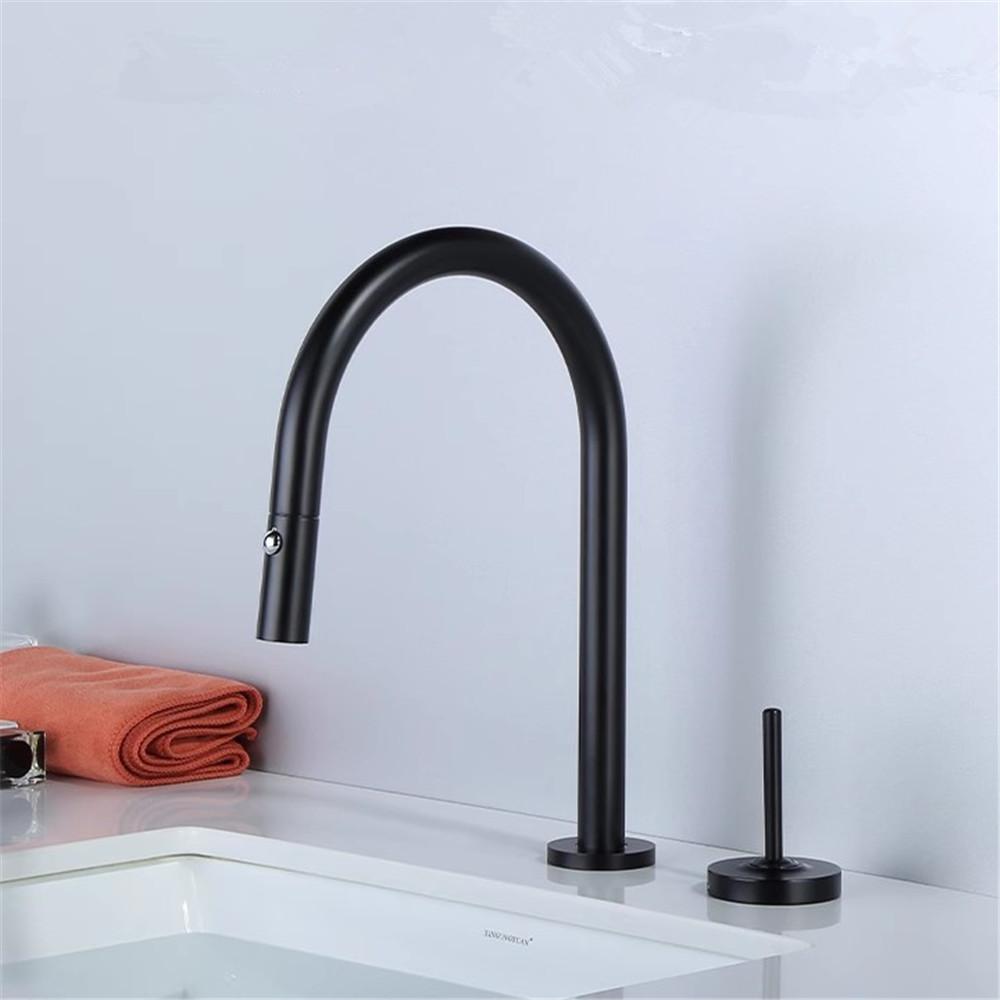 Brushed Gold Pull Out Basin faucet Black Bathroom Widespread  bathroom faucet sink tap 360 rotating widespread 2 Hole basin Tap