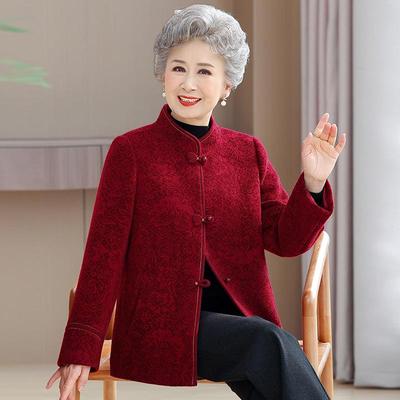 Spring Apparel for Mature Women: Grandma Style Wool Coat & New Chinese Stand Collar, Festive Mother’s Tang Suit Jacket.