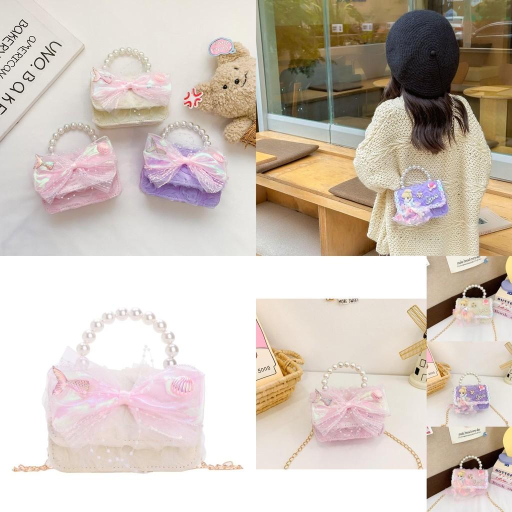 Stylish Pearl Handheld Shoulder Bag For Girls In Pink Beige And Purple With Bow Pattern