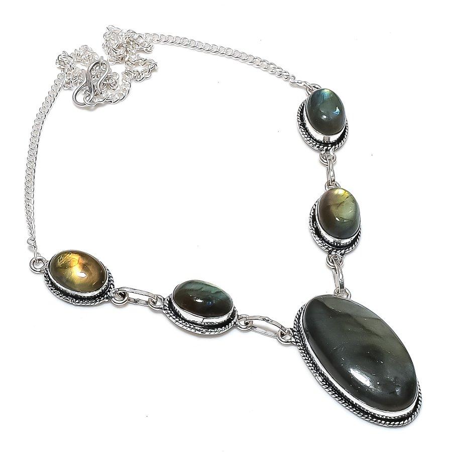 Natural Labradorite Gemstone 925 Sterling Silver Jewelry Necklace 18" M6F69
