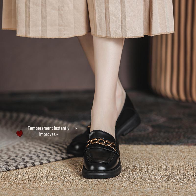 2021 New Women's JK British Style Black Leather Loafers - Square Toe, Thick Soles and Heels, Plus Velvet, Flat Design