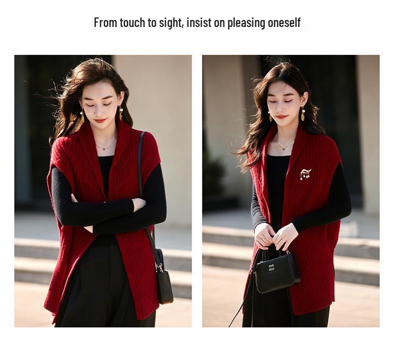 Women's Thickened Wool Knit V-neck Cardigan Vest - Pure Wool, Loose Outerwear Sweater for Autumn/Winter