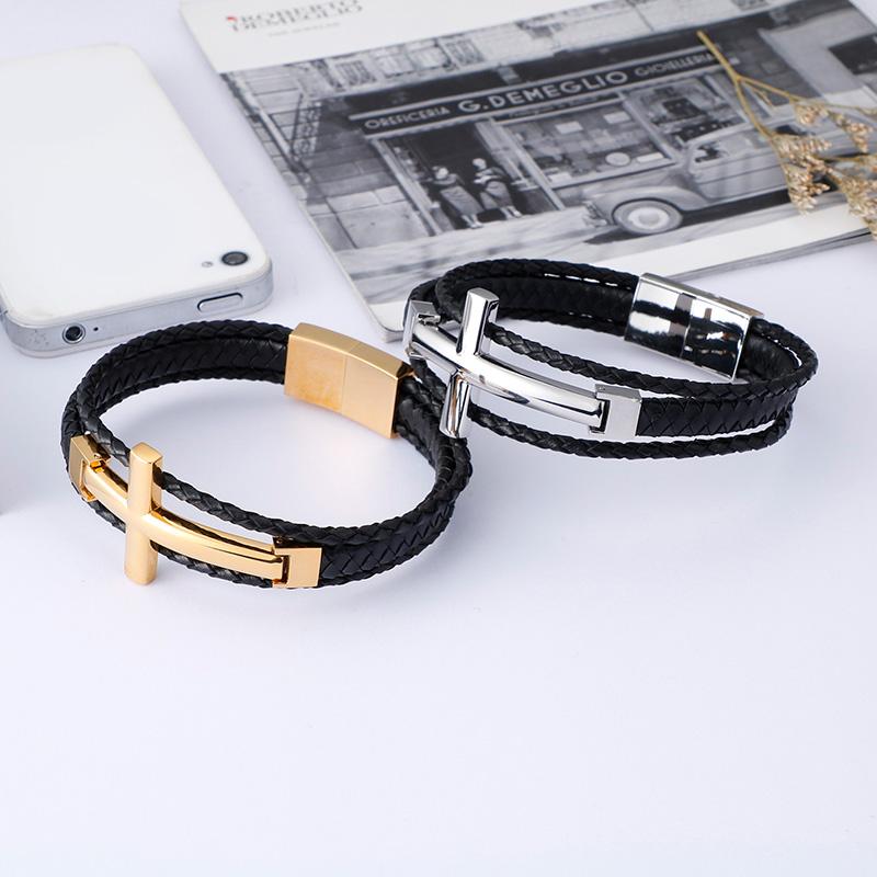 Triple Layered Cowhide Leather Bracelet Men Stainless Steel 22cm Cross Charm Armband Male Fashion Jewelry 2020