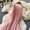 Elegant Beaded Studded Halter Strapless A-line Loose Dress for Women Sweet Pink Sleeveless Lace-up Pleated Dress Holiday Summer Dress