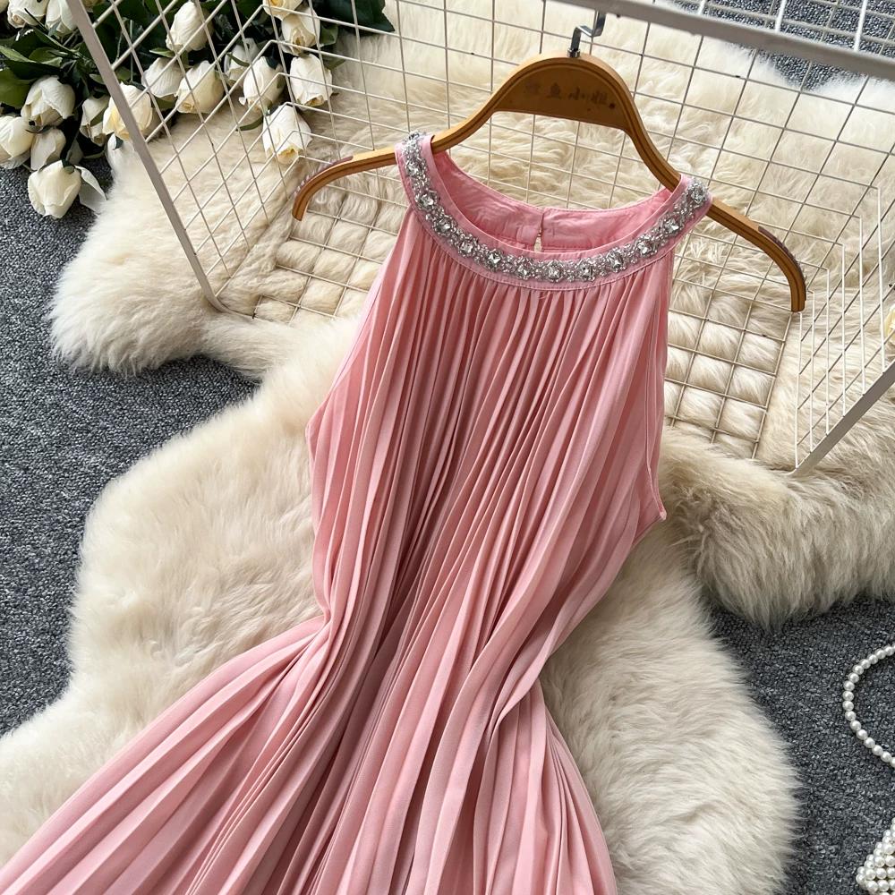 Elegant Beaded Studded Halter Strapless A-line Loose Dress for Women Sweet Pink Sleeveless Lace-up Pleated Dress Holiday Summer Dress