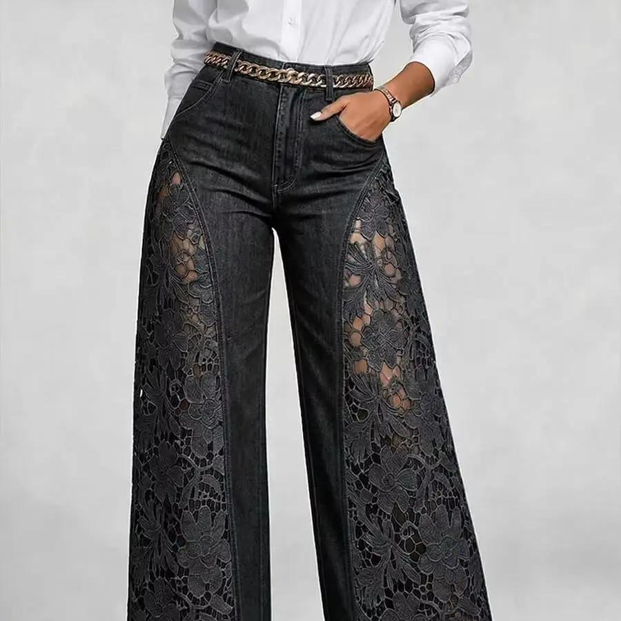 Lace Spliced Denim Pants Elegant Hollow Out Jeans Women Flower Embroidery High Waist Straight Loose Trousers Office Lady Pants