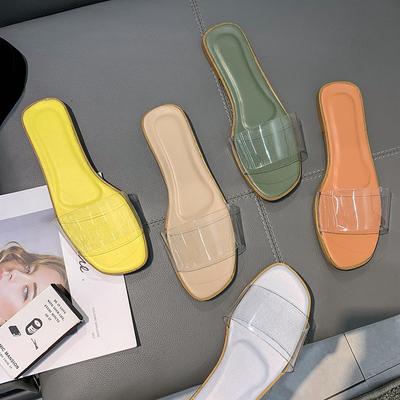 Fashion Women's 2024 New Summer Simple Crystal Slippers Transparent Flat Open Toe Solid Color One-line Beach Slippers Women's Sandals