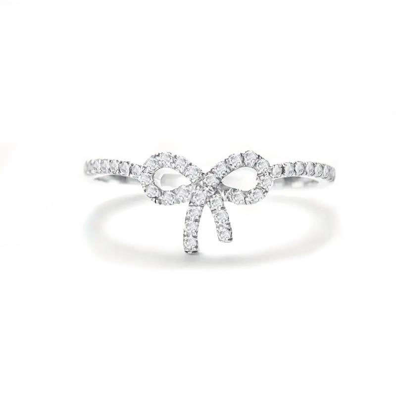 Huitan Dainty Shining Bowknot Ring Lady Engagement Accessories with Brilliant Cubic Zirconia Graceful Sweet Lady Daily Jewelry