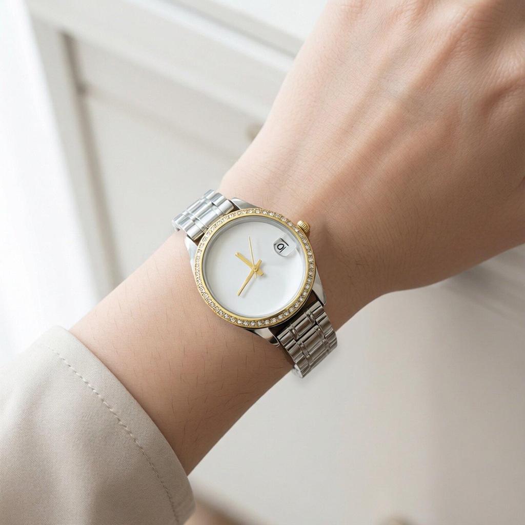 Stylish Women's Stainless Steel Quartz Watch with Calendar & Strap
