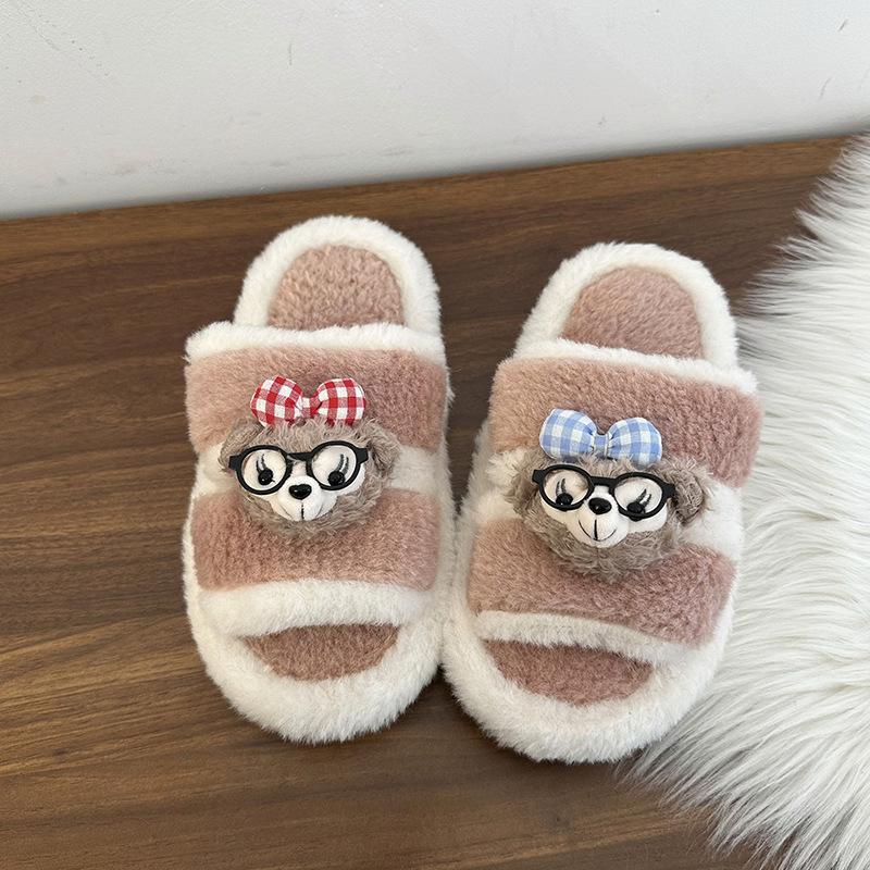 Autumn and winter cute cartoon plush warm home indoor cotton slippers women's one-word non-slip fluffy slippers women's winter