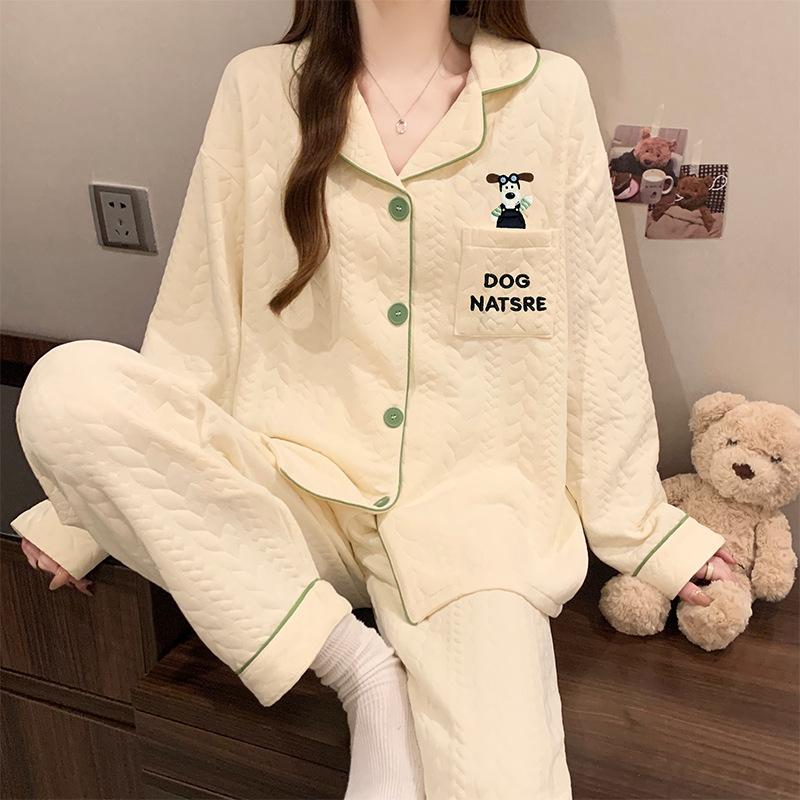 Dackel-Pyjama Herbst und Winter Damen Warm Süß Kariert Luftbaumwolle Lässig Trend Cartoon Loungewear Set