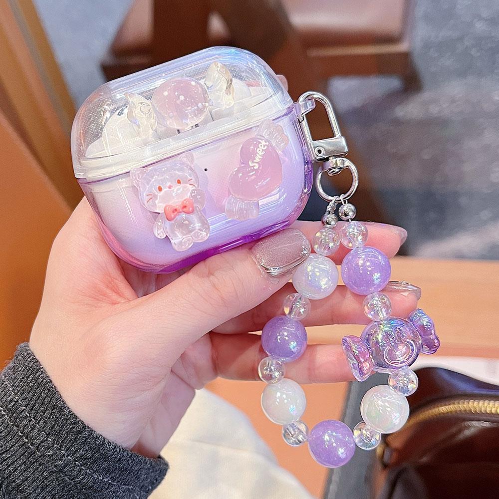 Gradient Cute Bow DIY Flower Earphone Case Crystal Pendant For Samsung Galaxy Buds 2 3 Pro Live FE Cover Earbuds Accessories