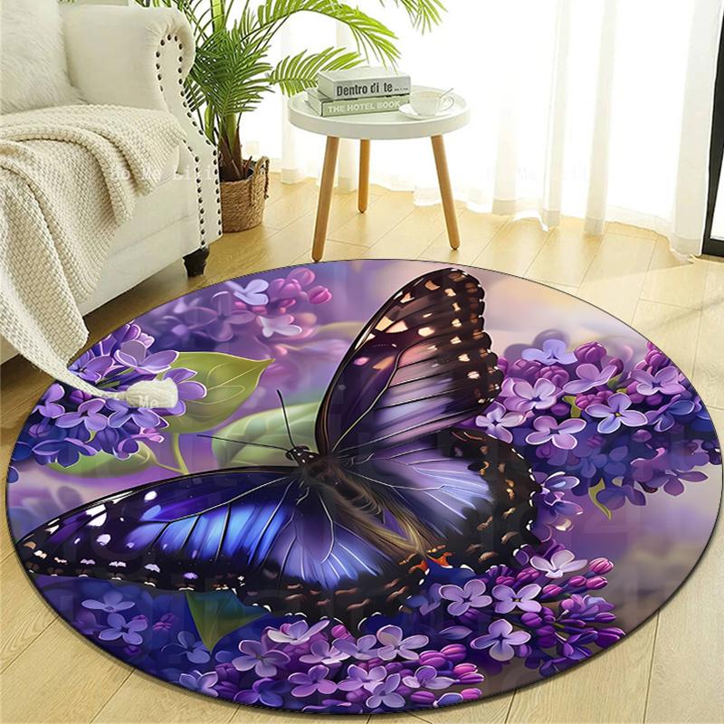 Runder Kristall-Samt-Teppich mit lila Schmetterlingsdruck, runder Stuhl-Teppich für Schlafzimmer, Wohnzimmer, Heimdekoration, rutschfeste Matte für das Bett