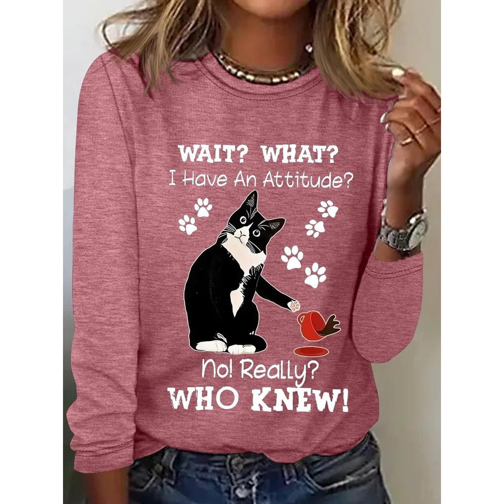 Okrągły dekolt 3D nadruk zabawny kot wzór top modny casual długi rękaw damskie koszulki