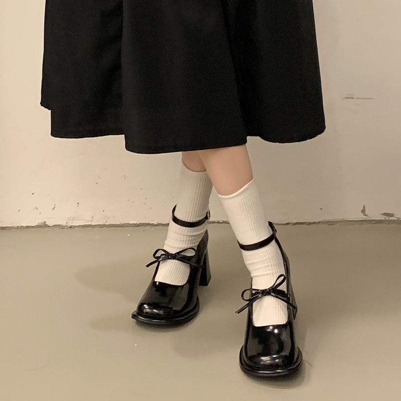 Autumn New Coarse Heel Single Shoes Women's Square Head Shallow Mouth Butterfly Knot Anti-slip Wear-resistant High Heels