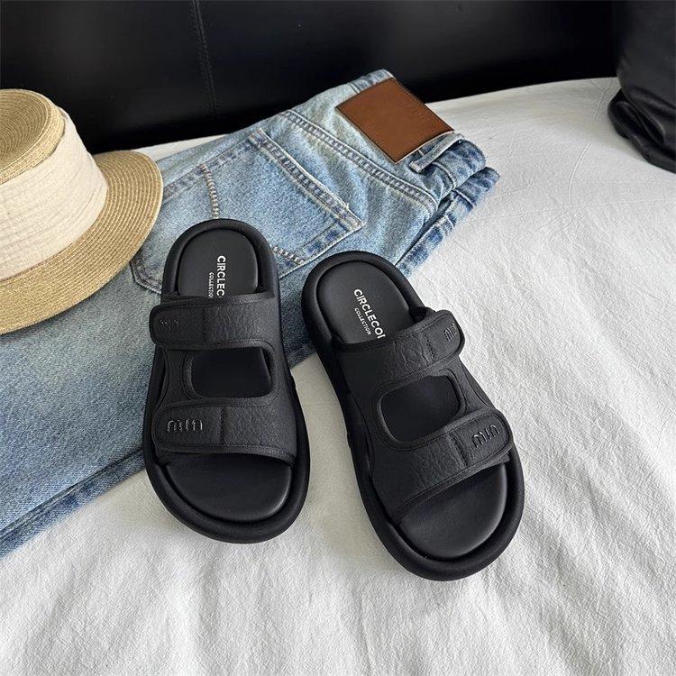 Soft leather Velcro thick bottom one-word women 2025 summer new lightweight height increase outer wear open-toed beach cool slippers
