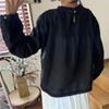 Johnature Spitzenshirt Leinen Schwarzes Shirt Langarm Damen Rundhals Lässig Einfache Blusen