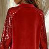 Damen Pailletten Samt Hemd Langarm Revers Bluse Lässig Glitzernd Knopfleiste Hemd für Party Date Bar Nachtclub