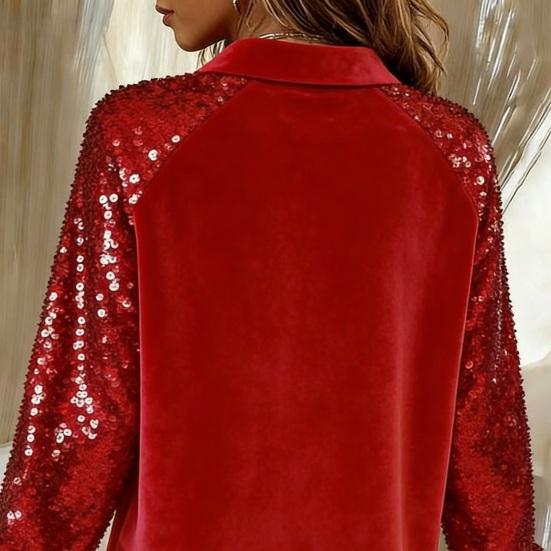 Damen Pailletten Samt Hemd Langarm Revers Bluse Lässig Glitzernd Knopfleiste Hemd für Party Date Bar Nachtclub