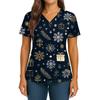 Women's Christmas Print V-Neck Double Pocket Short Sleeves Hem Slit  Uniform And Caregiver Top