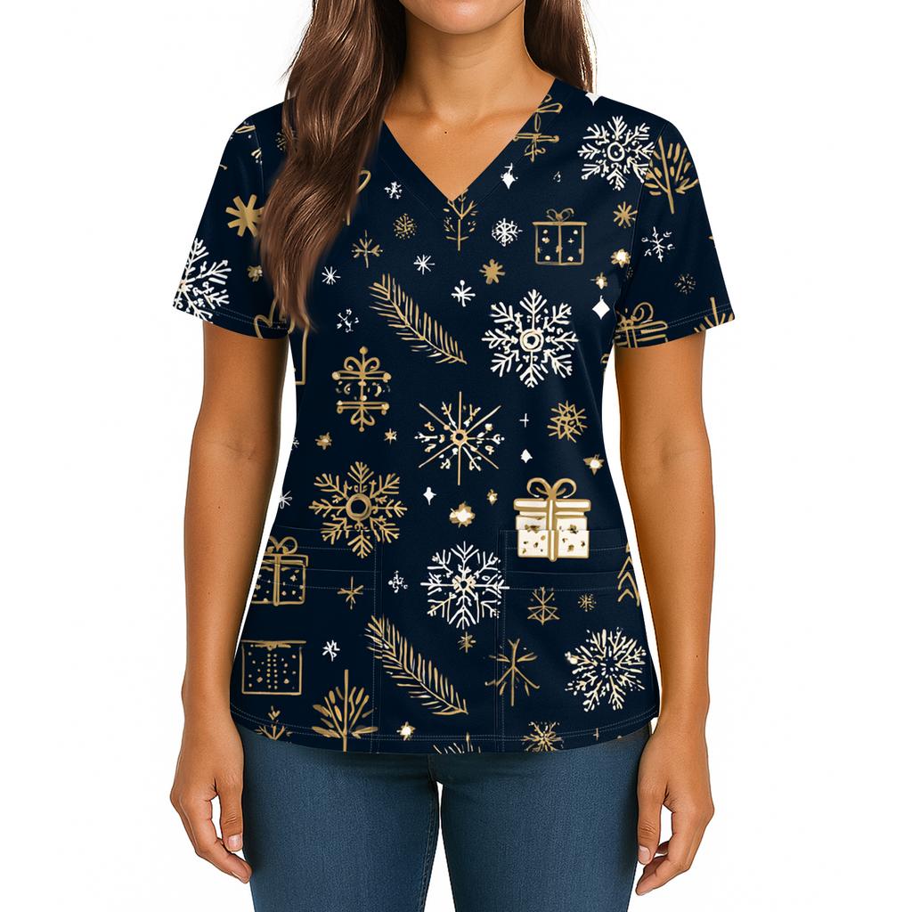 Women's Christmas Print V-Neck Double Pocket Short Sleeves Hem Slit  Uniform And Caregiver Top