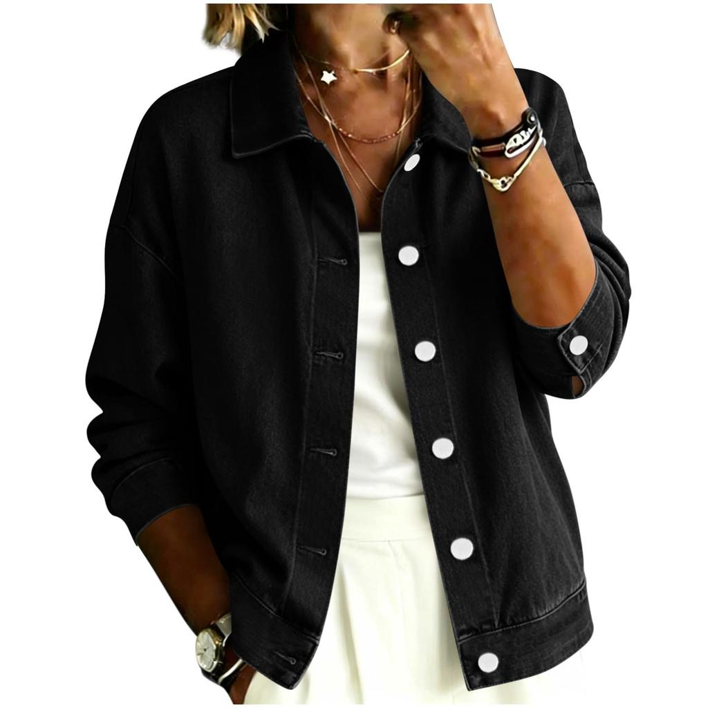 Women's Casual Retro Denim Jacket Long Sleeve Lapel Collar for Everyday Wear