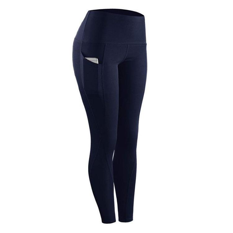

High Waist Women Long Solid Color Sports Pants with Side Pockets Yoga Lifting Fitness Running Hip Leggings S темно-синий