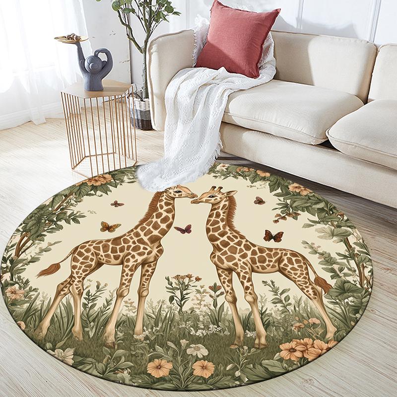 Runder Teppich mit Giraffen- und Kranzmuster, Teppich für Wohnzimmer, Schlafzimmer, Sofa, Spielzimmer-Dekor, Rutschfeste Bodenmatte, Feiertagsgeschenke und Geburtstagsgeschenke
