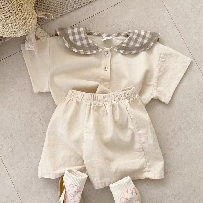 Adorable tenue d'été à carreaux en coton style coréen à manches courtes pour bébés garçons et filles