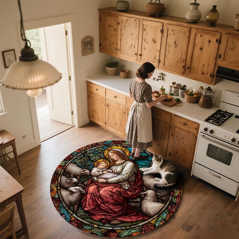 Virgin Mary & Jesus pattern round rug,Carpet Rug for Living Room Bedroom Playroom ,Non-slip Floor Mat,Holiday Gifts and Birthday Gifts.