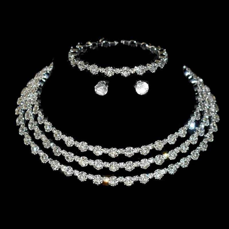 Gold & Silver Rhinestone Jewelry Set: Choker, Bracelet, Stud Earrings, & Necklace