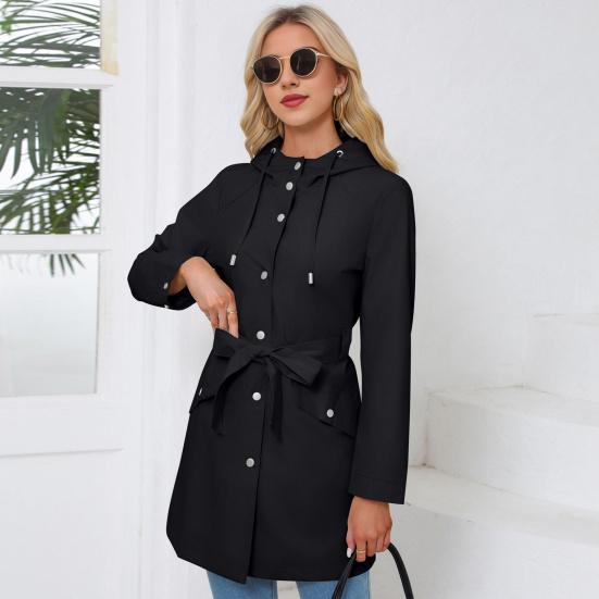 Women Fall Winter Coat Splash-resistant Single-breasted Hooded Long Sleeves Lace-up Tight Waist Drawstring Cardigan Overcoat