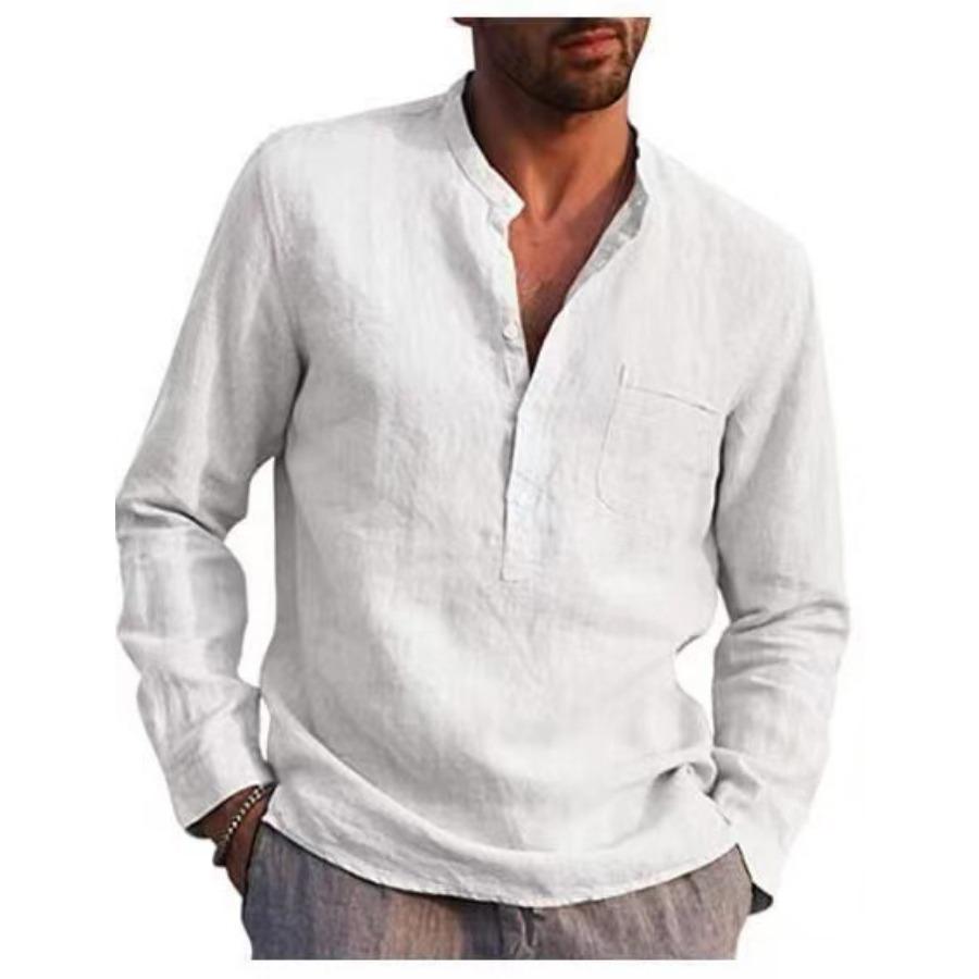 Men's Long Sleeve Stand Neck Casual Tops Beach Spring Solid Color Cotton Linen Shirt