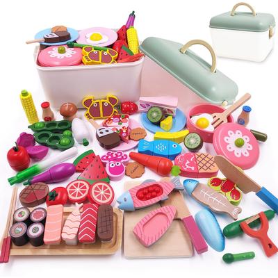 Jecimco Conjunto de Cozinha de Madeira para Brincar de Faz de Conta, Brinquedo Educacional para Crianças, Sushi DIY, Frutos do Mar, Vegetais, Frutas, Cortar, Ingredientes, Louça, Interação Pai-Filho