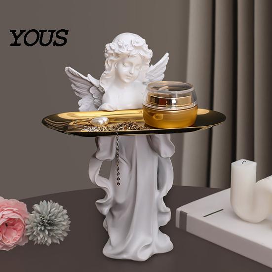 Desktop Organizer Angel Figurine Storage Tray, Elegant Jewelry Exquisite Resin Statue Decorative Accessory Tray Dish, for Rings Necklaces Earrings,
