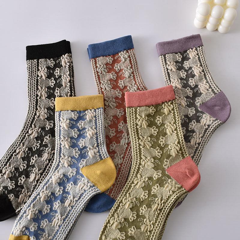 5 Paare/ Los Traumähnliche Damen Socken Harajuku Retro Stickerei Frühling 3D Strickerei Blumen Geprägter Druck Lolita Weihnachtsgeschenk