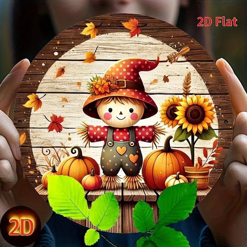 HD Tin Sign Fall Scarecrow Pumpkin Sunflower Round Vintage Metal Wall Art Retro Autumn Decor