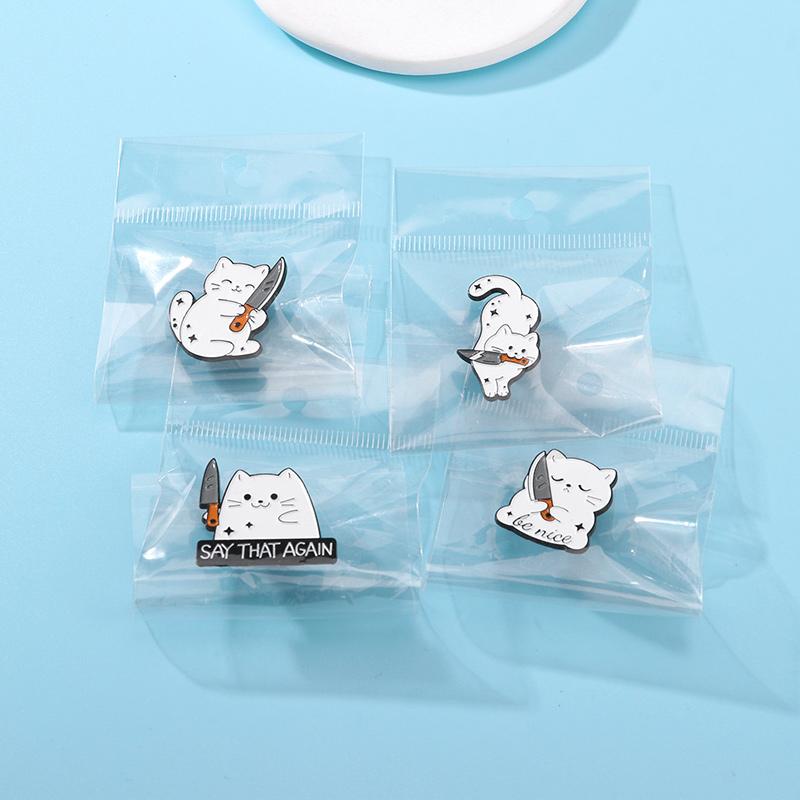 4 Styles Cat holding a Knife Design Enamel Brooches Cute White Kitten Say That Again Be Nice Lapel Pins Best Gift For Pet Lovers