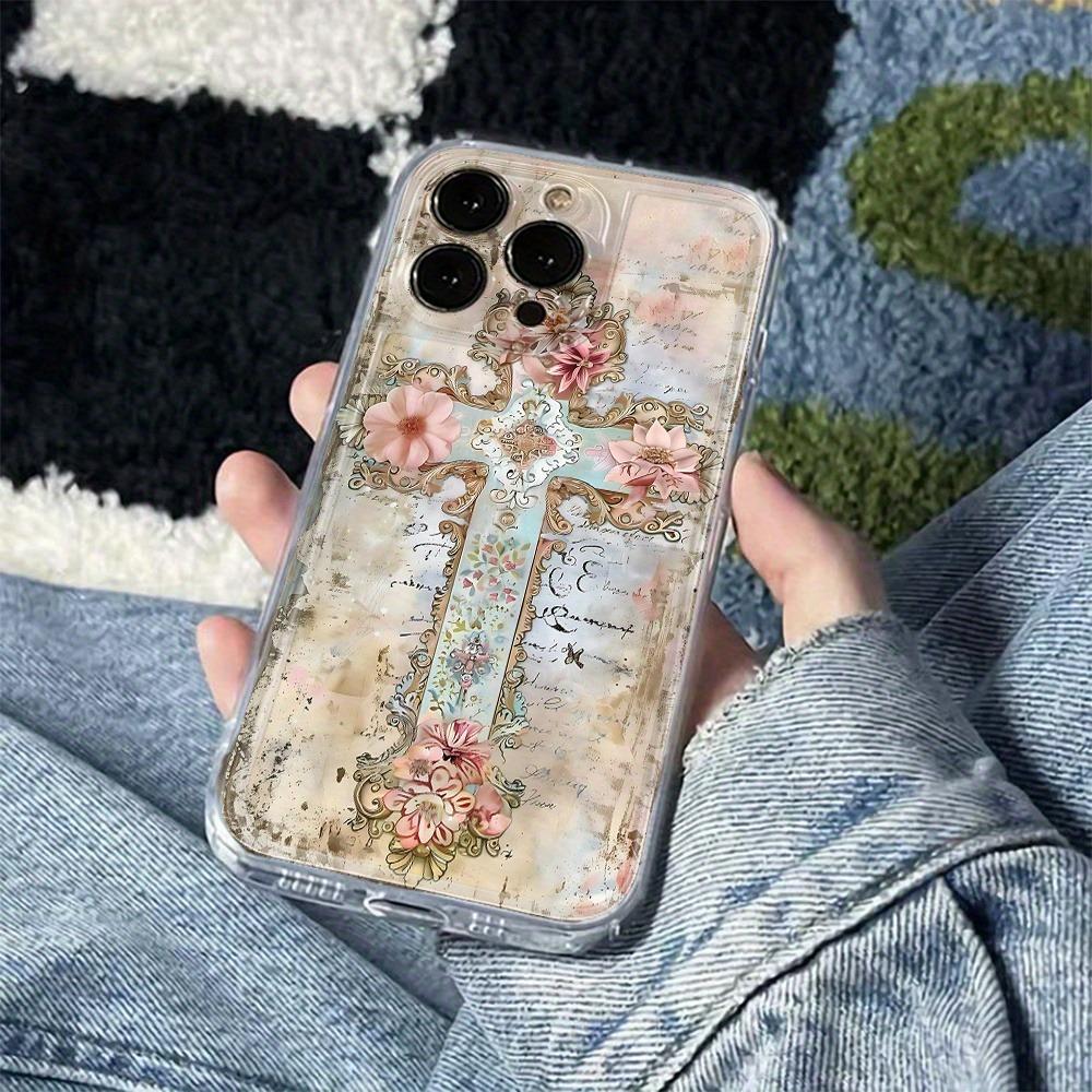 Creative Cross Floral Pattern Transparent Space Phone Case, Suitable for iPhone 17, 16, 15, Plus, Pro, Max Series Phones - Ideal for Gifting