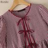 ZANZEA Women Plaid Print Casual Round Neck Short Sleeve Blouse