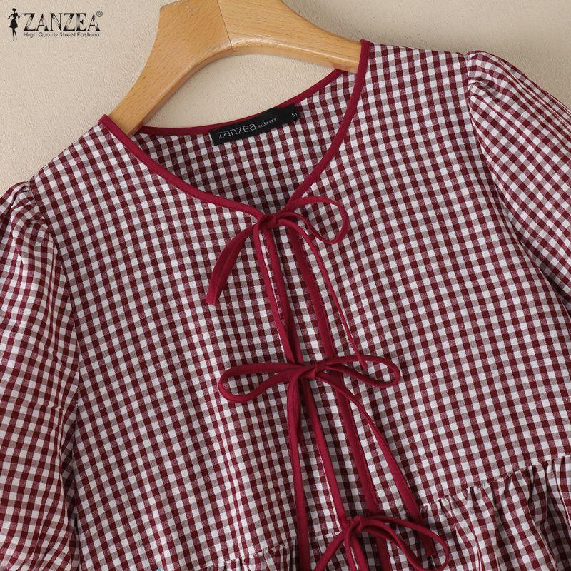 ZANZEA Women Plaid Print Casual Round Neck Short Sleeve Blouse