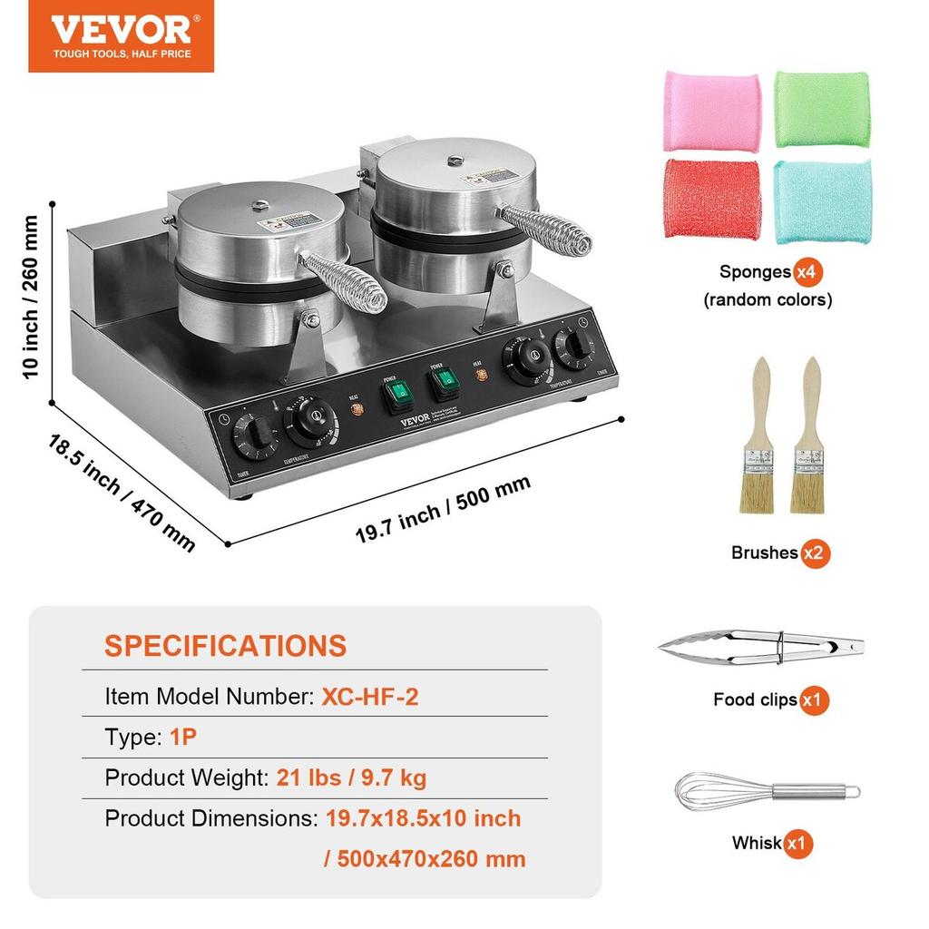 Commercial Waffle Maker Dual-Head Round Waffle Iron 2460W Non-Stick