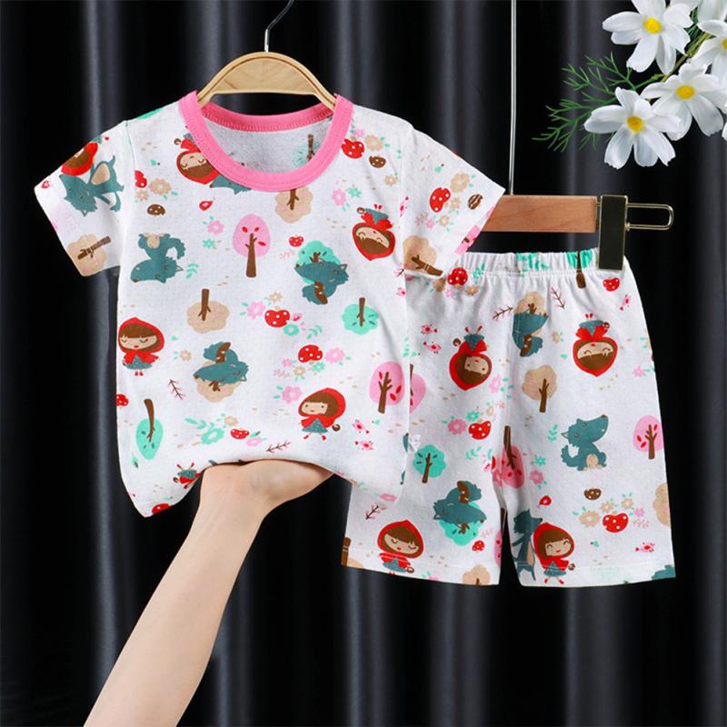 2 Pcs Kids Home Wear Set Cotton Cute Cartoon Printing Round Neck Short Sleeve Top Shorts Pajamas