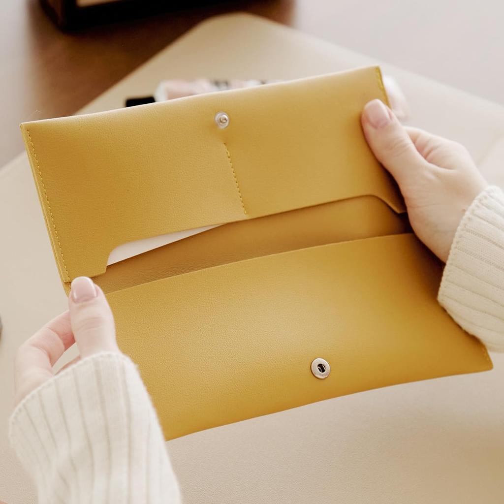Common Nuovo Leather Business and Card Storage Flat Pouch Waterproof for Adults and Businesses Multi-Case Pen, Card, Slim, Lightweight, (Mustard)